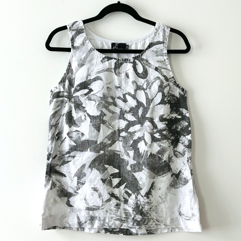 Fenini 100% Linen Black & White Floral Tank Top
